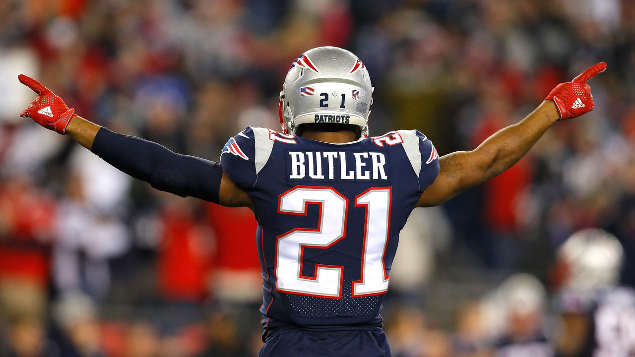 FOXBOROUGH, MA - JANUARY 21: Malcolm Butler #21 of the New England Patriots reacts in the fourth quarter during the AFC Championship Game against the Jacksonville Jaguars at Gillette Stadium on January 21, 2018 in Foxborough, Massachusetts.