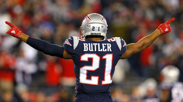 FOXBOROUGH, MA - JANUARY 21: Malcolm Butler #21 of the New England Patriots reacts in the fourth quarter during the AFC Championship Game against the Jacksonville Jaguars at Gillette Stadium on January 21, 2018 in Foxborough, Massachusetts.