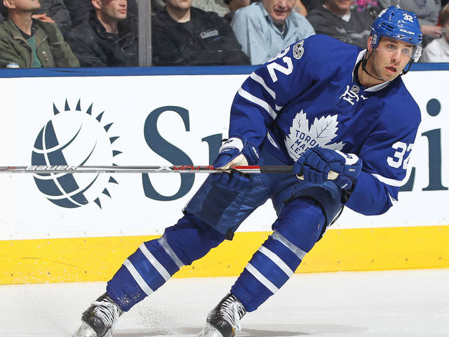 TORONTO, ON - FEBRUARY 9: Josh Leivo #32 of the Toronto Maple Leafs skates against the St. Louis Blues during an NHL game at the Air Canada Centre on February 9, 2017 in Toronto, Ontario, Canada. The Blues defeated the Maple Leafs 2-1 in overtime.