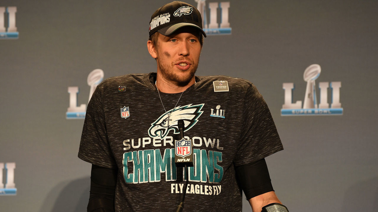 MINNEAPOLIS, MN - FEBRUARY 04: Nick Foles #9 of the Philadelphia Eagles speaks to the media after his teams 41-33 win over the New England Patriots in Super Bowl LII at U.S. Bank Stadium on February 4, 2018 in Minneapolis, Minnesota. The Philadelphia Eagles defeated the New England Patriots 41-33.