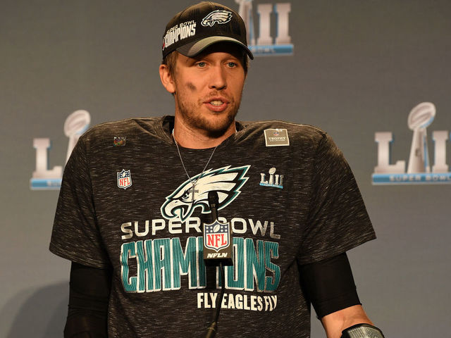 MINNEAPOLIS, MN - FEBRUARY 04: Nick Foles #9 of the Philadelphia Eagles speaks to the media after his teams 41-33 win over the New England Patriots in Super Bowl LII at U.S. Bank Stadium on February 4, 2018 in Minneapolis, Minnesota. The Philadelphia Eagles defeated the New England Patriots 41-33.