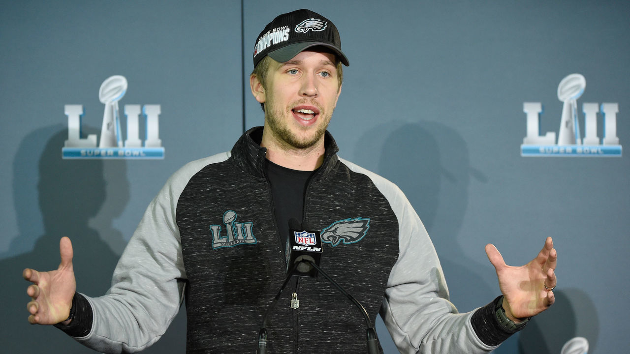 BLOOMINGTON, MN - FEBRUARY 05: Nick Foles #9 of the Philadelphia Eagles speaks to the media during Super Bowl LII media availability on February 5, 2018 at Mall of America in Bloomington, Minnesota. The Philadelphia Eagles defeated the New England Patriots in Super Bowl LII 41-33 on February 4th.