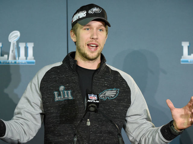 BLOOMINGTON, MN - FEBRUARY 05: Nick Foles #9 of the Philadelphia Eagles speaks to the media during Super Bowl LII media availability on February 5, 2018 at Mall of America in Bloomington, Minnesota. The Philadelphia Eagles defeated the New England Patriots in Super Bowl LII 41-33 on February 4th.