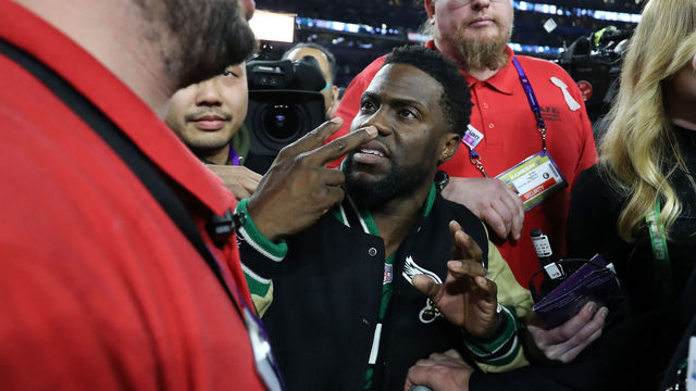 MINNEAPOLIS, MN - FEBRUARY 04: Comedian and Philidelphia native Kevin Hart attempts to get onto the stage following the Eagles 41-33 win over the New England Patriots in Super Bowl LII at U.S. Bank Stadium on February 4, 2018 in Minneapolis, Minnesota.