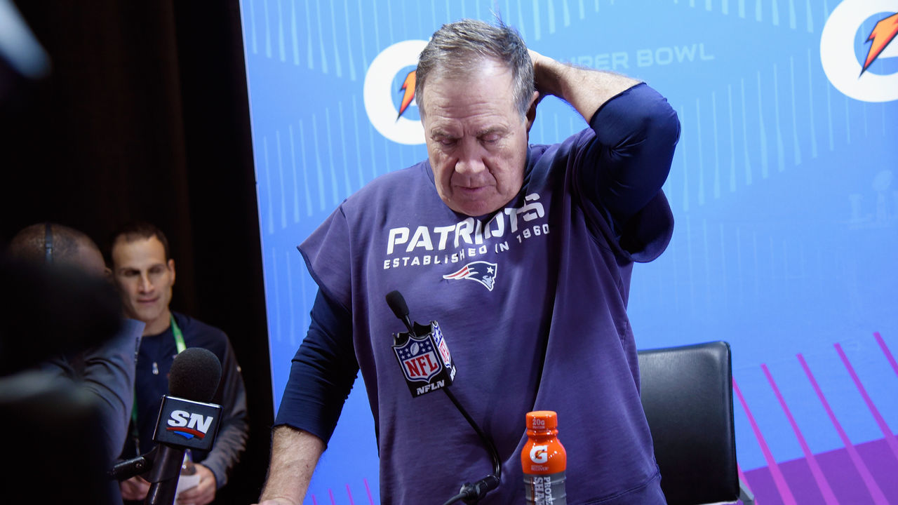 MINNEAPOLIS, MN - FEBRUARY 04: Head coach Bill Belichick of the New England Patriots speaks to the media after losing 41-33 to the Philadelphia Eagles in Super Bowl LII at U.S. Bank Stadium on February 4, 2018 in Minneapolis, Minnesota.