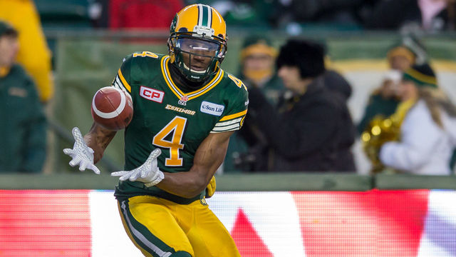 EDMONTON, AB - NOVEMBER 16: Adarius Bowman #4 of the Edmonton Eskimos makes a catch in the CFL Western Semi-Final game between the Saskatchewan Roughriders and Edmonton Eskimos at Commonwealth Stadium on November 16, 2014 in Edmonton, Alberta, Canada.