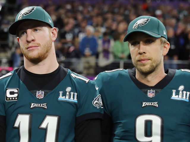 MINNEAPOLIS, MN - FEBRUARY 04: Malcolm Jenkins #27, Carson Wentz #11 and Nick Foles #9 of the Philadelphia Eagles stand for the national anthem prior to Super Bowl LII against the New England Patriots at U.S. Bank Stadium on February 4, 2018 in Minneapolis, Minnesota.