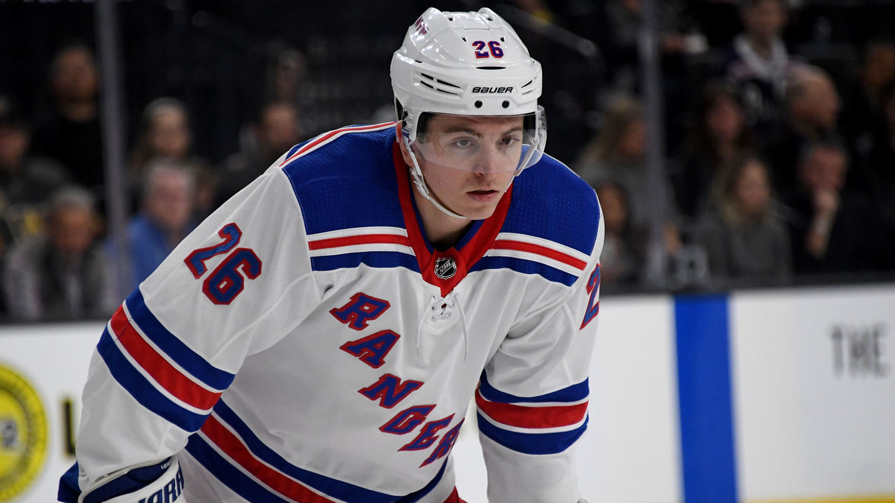 LAS VEGAS, NV - JANUARY 07: Jimmy Vesey #26 of the New York Rangers waits for a faceoff in the first period of a game against the Vegas Golden Knights at T-Mobile Arena on January 7, 2018 in Las Vegas, Nevada. The Golden Knights won 2-1.