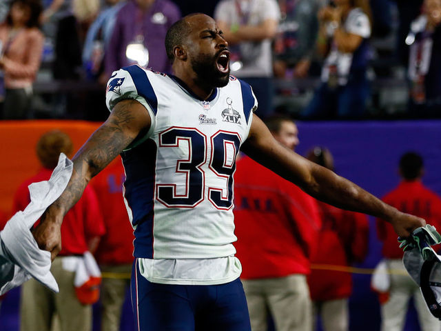 GLENDALE, AZ - FEBRUARY 01: Brandon Browner #39 of the New England Patriots celebrates after defeating the Seattle Seahawks during Super Bowl XLIX at University of Phoenix Stadium on February 1, 2015 in Glendale, Arizona. The Patriots defeated the Seahawks 28-24.