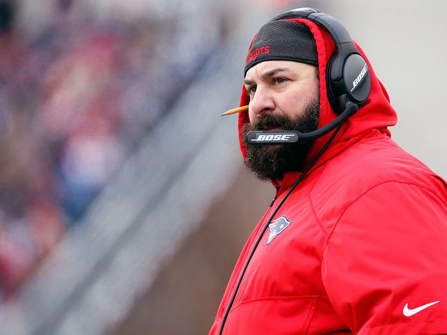 FOXBORO, MA - DECEMBER 31: New England Patriots defensive coordinator Matt Patricia looks on during the first half against the New York Jets at Gillette Stadium on December 31, 2017 in Foxboro, Massachusetts.