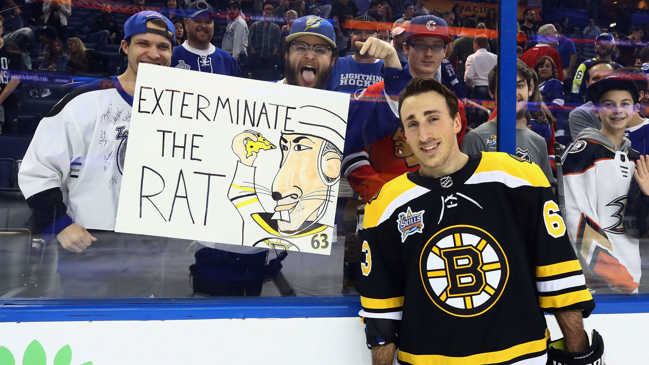 TAMPA, FL - JANUARY 27: Brad Marchand #63 of the Boston Bruins poses with fans during the Honda NHL Accuracy Shooting during the 2018 GEICO NHL All-Star Skills Competition at Amalie Arena on January 27, 2018 in Tampa, Florida.