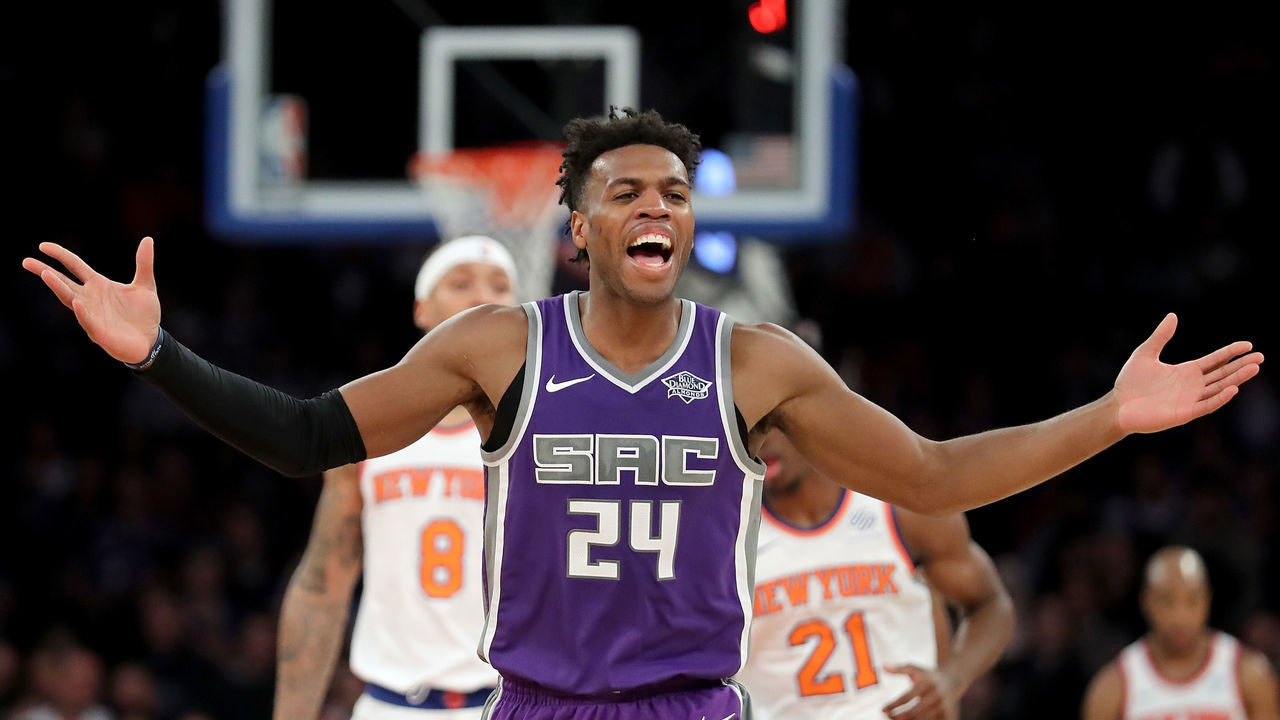 NEW YORK, NY - NOVEMBER 11: Buddy Hield #24 of the Sacramento Kings reacts in the second half against the New York Knicks during their game at Madison Square Garden on November 11, 2017 in New York City.