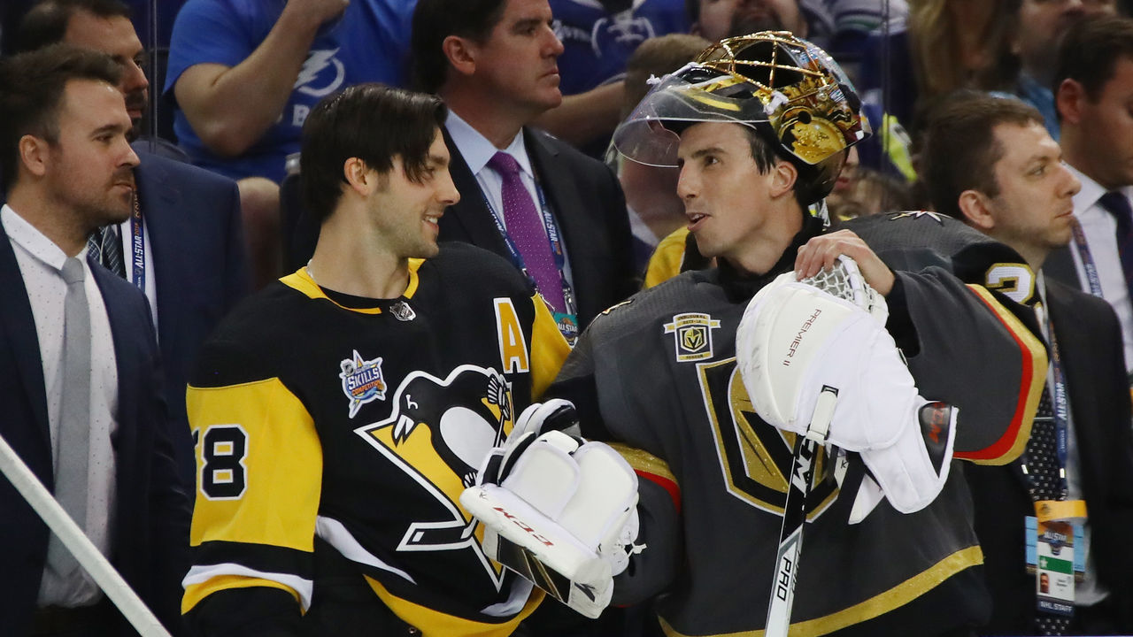 TAMPA, FL - JANUARY 27: Kris Letang #58 of the Pittsburgh Penguins and Marc-Andre Fleury #29 of the Vegas Golden Knights talk during the GEICO NHL Save Streak during the 2018 GEICO NHL All-Star Skills Competition at Amalie Arena on January 27, 2018 in Tampa, Florida.