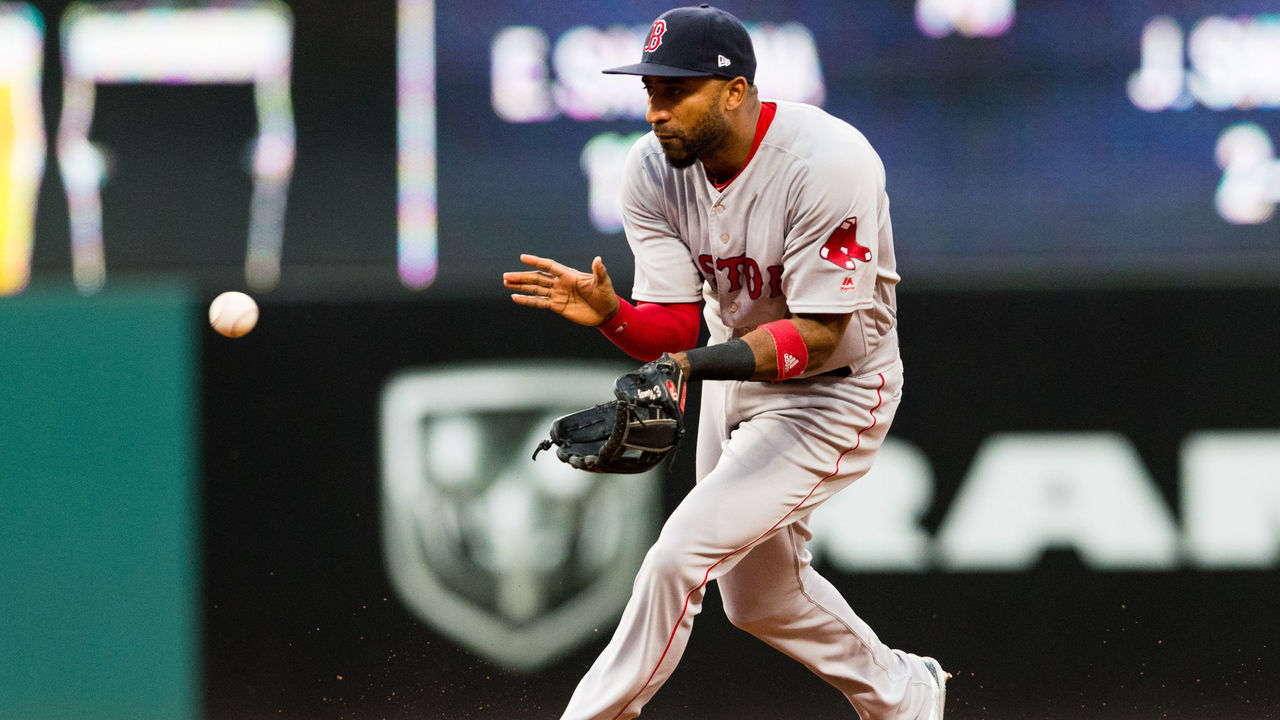 CLEVELAND, OH - AUGUST 23: Second baseman Eduardo Nunez #36 of the Boston Red Sox fields a ground ball hit by Giovanny Urshela #39 of the Cleveland Indians during the third inning at Progressive Field on August 23, 2017 in Cleveland, Ohio.