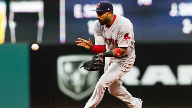 CLEVELAND, OH - AUGUST 23: Second baseman Eduardo Nunez #36 of the Boston Red Sox fields a ground ball hit by Giovanny Urshela #39 of the Cleveland Indians during the third inning at Progressive Field on August 23, 2017 in Cleveland, Ohio.