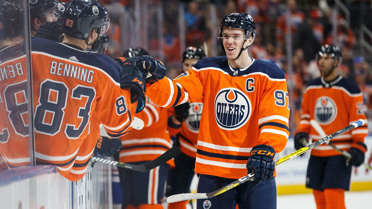 EDMONTON, AB - DECEMBER 23: Connor McDavid #97 of the Edmonton Oilers celebrates a goal against the Montreal Canadiens at Rogers Place on December 23, 2017 in Edmonton, Canada.