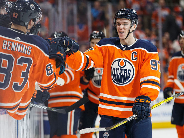 EDMONTON, AB - DECEMBER 23: Connor McDavid #97 of the Edmonton Oilers celebrates a goal against the Montreal Canadiens at Rogers Place on December 23, 2017 in Edmonton, Canada.