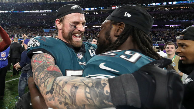 MINNEAPOLIS, MN - FEBRUARY 04: Chris Long #56 and LeGarrette Blount #29 of the Philadelphia Eagles celebrate their teams 41-33 victory over the New England Patriots in Super Bowl LII at U.S. Bank Stadium on February 4, 2018 in Minneapolis, Minnesota. The Philadelphia Eagles defeated the New England Patriots 41-33.