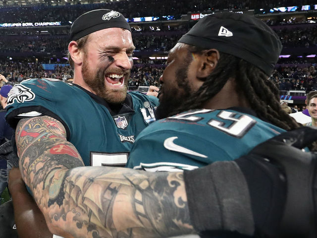 MINNEAPOLIS, MN - FEBRUARY 04: Chris Long #56 and LeGarrette Blount #29 of the Philadelphia Eagles celebrate their teams 41-33 victory over the New England Patriots in Super Bowl LII at U.S. Bank Stadium on February 4, 2018 in Minneapolis, Minnesota. The Philadelphia Eagles defeated the New England Patriots 41-33.