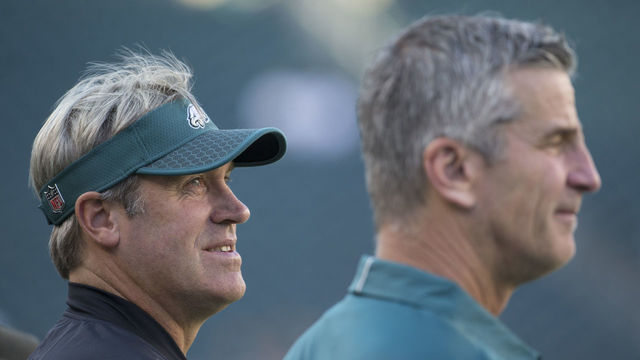 PHILADELPHIA, PA - AUGUST 24: Head coach Doug Pederson and offensive coordinator Frank Reich of the Philadelphia Eagles look on prior to the preseason game against the Miami Dolphins at Lincoln Financial Field on August 24, 2017 in Philadelphia, Pennsylvania. The Eagles defeated the Dolphins 38-31.
