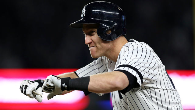 NEW YORK, NEW YORK - OCTOBER 17: Todd Frazier #29 of the New York Yankees reacts after a single in the eighth inning against the Houston Astros during Game Four of the American League Championship Series at Yankee Stadium on October 17, 2017 in the Bronx borough of New York City.