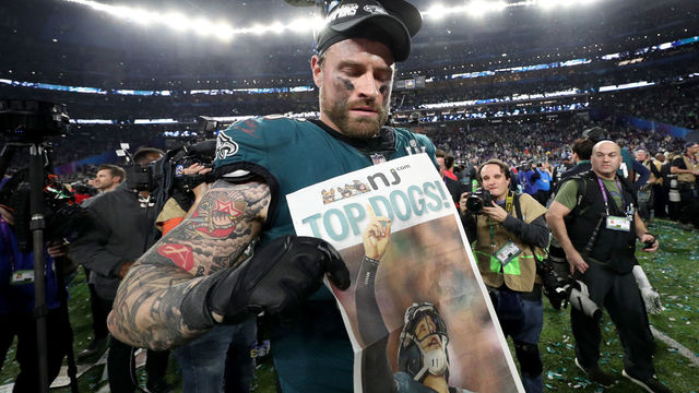 MINNEAPOLIS, MN - FEBRUARY 04: Chris Long #56 of the Philadelphia Eagles celebrates after defeating the New England Patriots 41-33 in Super Bowl LII at U.S. Bank Stadium on February 4, 2018 in Minneapolis, Minnesota.