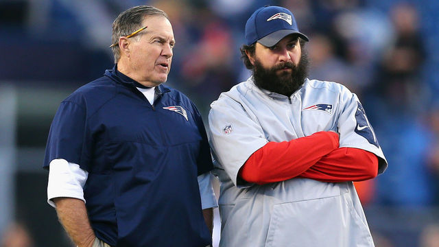 FOXBORO, MA - DECEMBER 06: Patriots head coach Bill Belichick of the New England Patriots talks with defensive coordinator Matt Patricia before their game against the Philadelphia Eagles at Gillette Stadium on December 6, 2015 in Foxboro, Massachusetts.