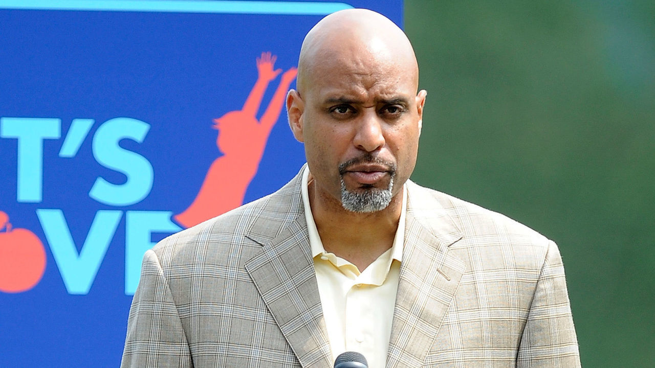 BALTIMORE - JULY 20: Tony Clark of the MLB Players Association talks to the local Boys and Girls Club of America and Reviving Baseball in Inner Cities (RBI) programs to promote the 'Let's Move' campaign at Camden Yards on July 20, 2010 in Baltimore, Maryland.