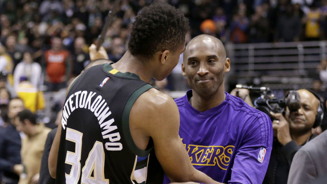 MILWAUKEE, WI - FEBRUARY 22: Kobe Bryant #24 of the Los Angeles Lakers hugs Giannis Antetokounmpo #34 of the Milwaukee Bucks after the game against the Milwaukee Bucks at BMO Harris Bradley Center on February 22, 2016 in Milwaukee, Wisconsin.