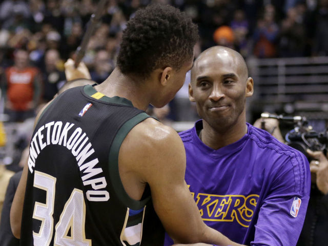 MILWAUKEE, WI - FEBRUARY 22: Kobe Bryant #24 of the Los Angeles Lakers hugs Giannis Antetokounmpo #34 of the Milwaukee Bucks after the game against the Milwaukee Bucks at BMO Harris Bradley Center on February 22, 2016 in Milwaukee, Wisconsin.
