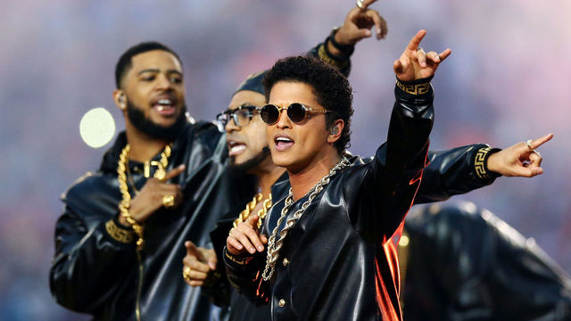 SANTA CLARA, CA - FEBRUARY 07: Bruno Mars performs during the Pepsi Super Bowl 50 Halftime Show at Levi's Stadium on February 7, 2016 in Santa Clara, California.
