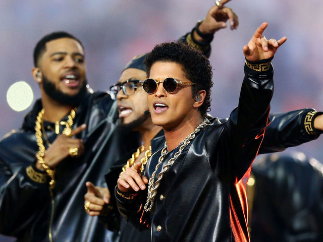SANTA CLARA, CA - FEBRUARY 07: Bruno Mars performs during the Pepsi Super Bowl 50 Halftime Show at Levi's Stadium on February 7, 2016 in Santa Clara, California.