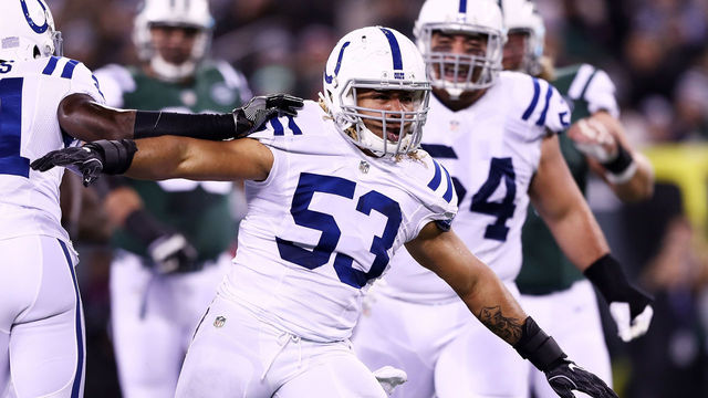EAST RUTHERFORD, NJ - DECEMBER 05: Edwin Jackson #53 of the Indianapolis Colts celebrates after stopping Matt Forte #22 of the New York Jets in the second quarter during their game at MetLife Stadium on December 5, 2016 in East Rutherford, New Jersey.