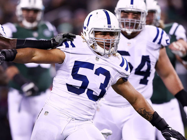 EAST RUTHERFORD, NJ - DECEMBER 05: Edwin Jackson #53 of the Indianapolis Colts celebrates after stopping Matt Forte #22 of the New York Jets in the second quarter during their game at MetLife Stadium on December 5, 2016 in East Rutherford, New Jersey.