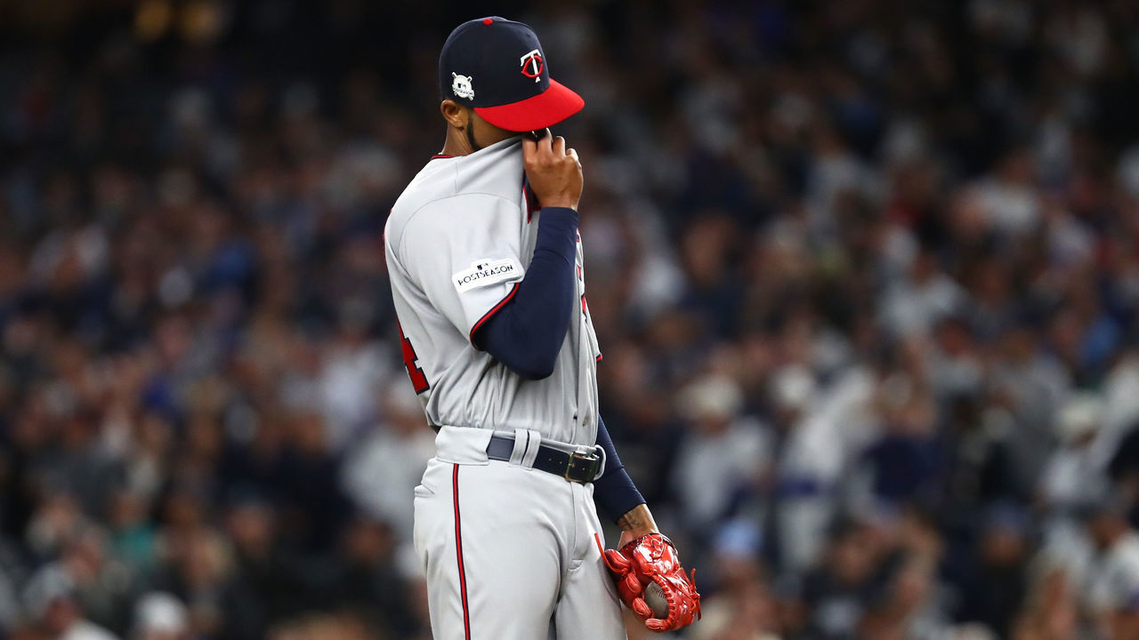 NEW YORK, NY - OCTOBER 03: Ervin Santana #54 of the Minnesota Twins reacts after giving up a three run home run to Didi Gregorius #18 of the New York Yankees during the first inning in the American League Wild Card Game at Yankee Stadium on October 3, 2017 in the Bronx borough of New York City.