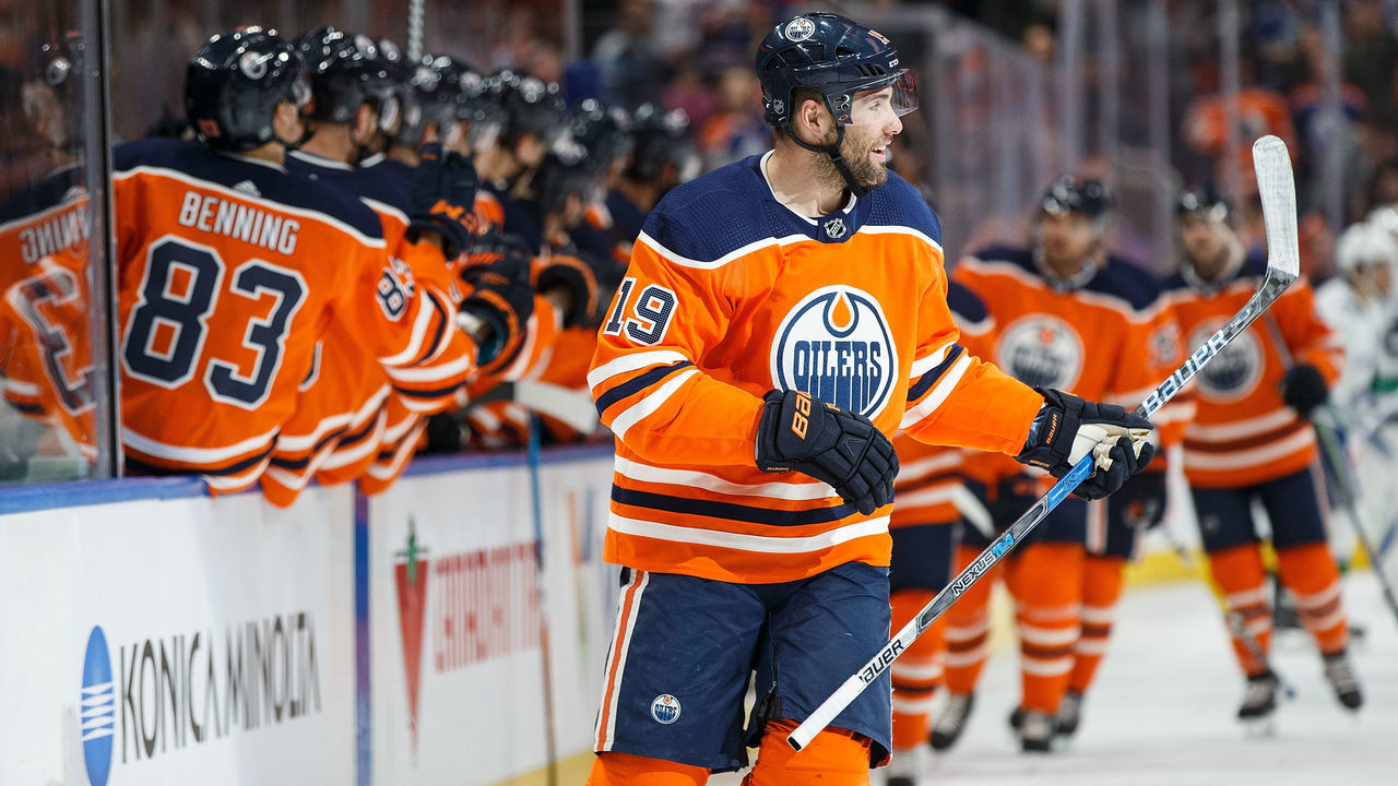 EDMONTON, AB - JANUARY 20: Patrick Maroon #19 of the Edmonton Oilers celebrates a goal against the Vancouver Canucks at Rogers Place on January 20, 2018 in Edmonton, Canada.