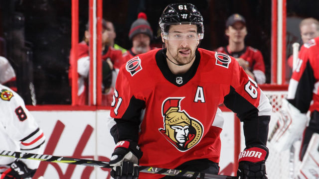 OTTAWA, ON - JANUARY 9: Mark Stone #61 of the Ottawa Senators skates against the Chicago Blackhawks at Canadian Tire Centre on January 9, 2018 in Ottawa, Ontario, Canada.
