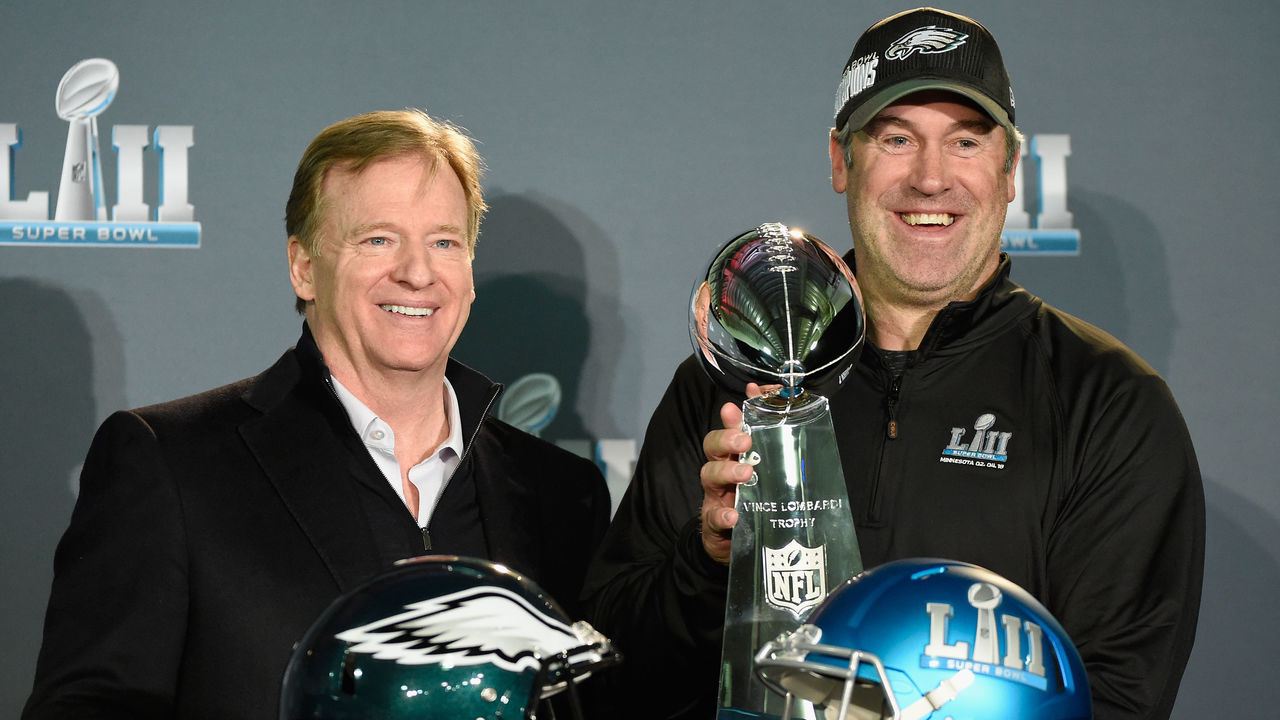 BLOOMINGTON, MN - FEBRUARY 05: NFL Commissioner Roger Goodell poses for a photo with head coach Doug Pederson of the Philadelphia Eagles and the Vince Lombardi Trophy during Super Bowl LII media availability on February 5, 2018 at Mall of America in Bloomington, Minnesota. The Philadelphia Eagles defeated the New England Patriots in Super Bowl LII 41-33 on February 4th.