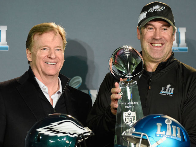 BLOOMINGTON, MN - FEBRUARY 05: NFL Commissioner Roger Goodell poses for a photo with head coach Doug Pederson of the Philadelphia Eagles and the Vince Lombardi Trophy during Super Bowl LII media availability on February 5, 2018 at Mall of America in Bloomington, Minnesota. The Philadelphia Eagles defeated the New England Patriots in Super Bowl LII 41-33 on February 4th.