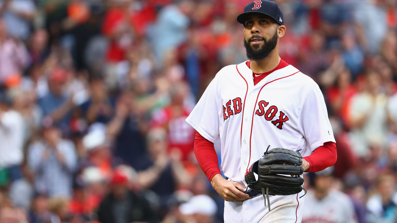 BOSTON, MA - OCTOBER 08: David Price #24 of the Boston Red Sox reacts in the fifth inning against the Houston Astros during game three of the American League Division Series at Fenway Park on October 8, 2017 in Boston, Massachusetts.