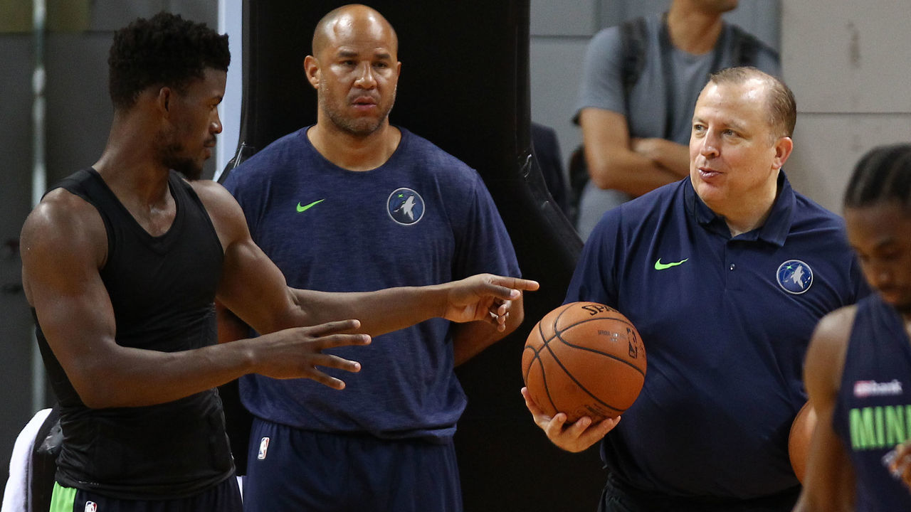 SHENZHEN, CHINA - OCTOBER 04: Head coach Tom Thibodeau(R) and Jimmy Butler #23 of the Minnesota Timberwolves looks on during practice at Shenzhen Gymnasium as part of 2017 NBA Global Games China on October 4, 2017 in Shenzhen, China.