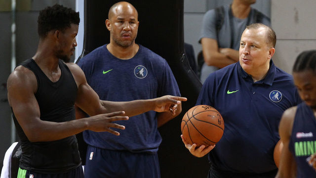 SHENZHEN, CHINA - OCTOBER 04: Head coach Tom Thibodeau(R) and Jimmy Butler #23 of the Minnesota Timberwolves looks on during practice at Shenzhen Gymnasium as part of 2017 NBA Global Games China on October 4, 2017 in Shenzhen, China.
