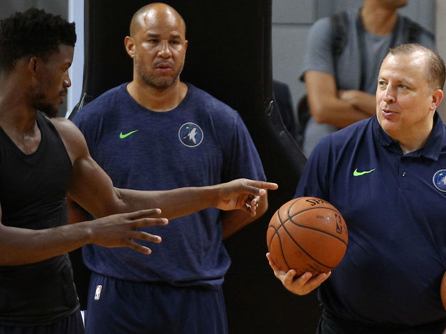SHENZHEN, CHINA - OCTOBER 04: Head coach Tom Thibodeau(R) and Jimmy Butler #23 of the Minnesota Timberwolves looks on during practice at Shenzhen Gymnasium as part of 2017 NBA Global Games China on October 4, 2017 in Shenzhen, China.