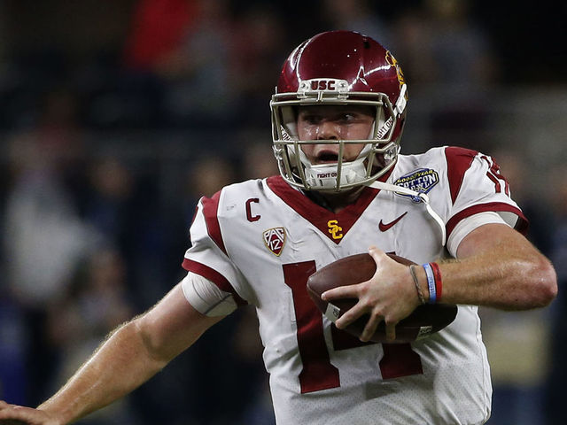 ARLINGTON, TX - DECEMBER 29: Sam Darnold #14 of the USC Trojans scrambles against the Ohio State Buckeyes in the second half of the 82nd Goodyear Cotton Bowl Classic between USC and Ohio State at AT&T Stadium on December 29, 2017 in Arlington, Texas. Ohio State won 24-7.