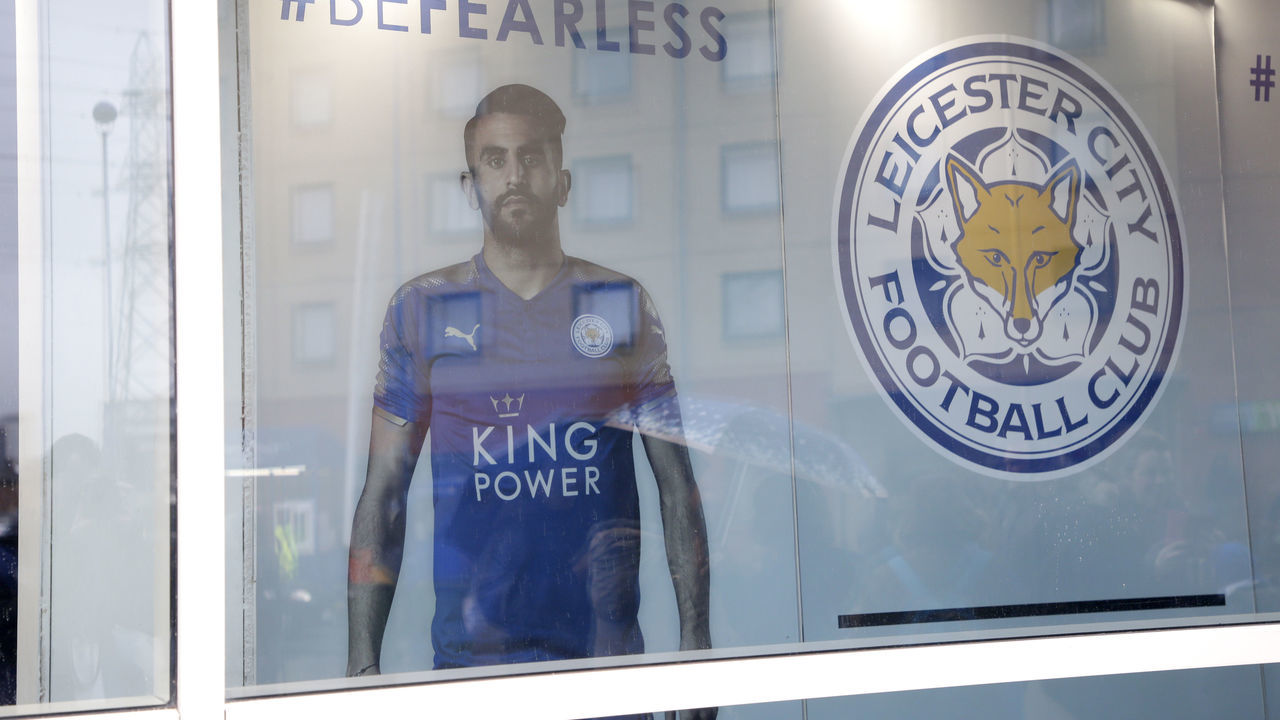LEICESTER, ENGLAND - FEBRUARY 03: A picture of Riyad Mahrez of Leicester City is seen prior to the Premier League match between Leicester City and Swansea City at The King Power Stadium on February 3, 2018 in Leicester, England.