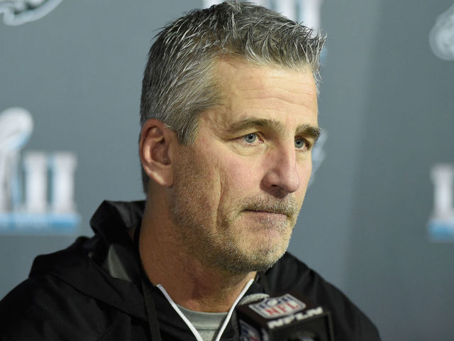 BLOOMINGTON, MN - FEBRUARY 01: Offensive coordinator Frank Reich of the Philadelphia Eagles speaks to the media during Super Bowl LII media availability on February 1, 2018 at Mall of America in Bloomington, Minnesota. The Philadelphia Eagles will face the New England Patriots in Super Bowl LII on February 4th.