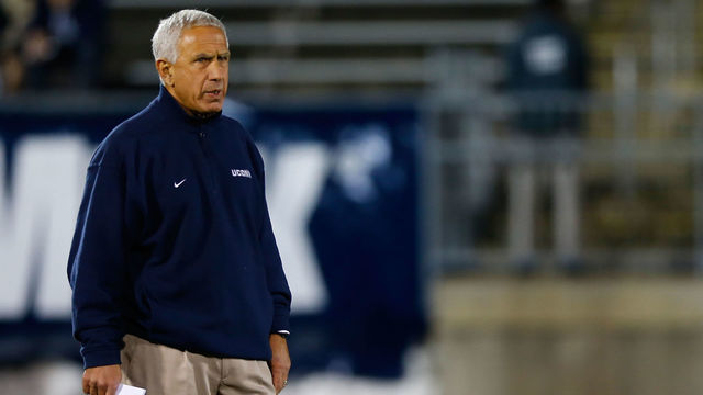 EAST HARTFORD, CT - NOVEMBER 09: Head coach Paul Pasqualoni of the University of Connecticut Huskies watches his team warm up prior to the game against the University of Pittsburgh Panthers during the game on November 9, 2012 at Rentschler Field in East Hartford, Connecticut.