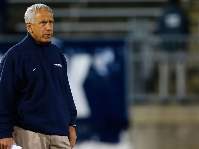 EAST HARTFORD, CT - NOVEMBER 09: Head coach Paul Pasqualoni of the University of Connecticut Huskies watches his team warm up prior to the game against the University of Pittsburgh Panthers during the game on November 9, 2012 at Rentschler Field in East Hartford, Connecticut.