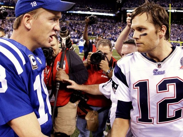 INDIANAPOLIS - NOVEMBER 15: Quarterback Peyton Manning #18 of the Indianapolis Colts greets Tom Brady #12 of the New England Patriots after the game at Lucas Oil Stadium on November 15, 2009 in Indianapolis, Indiana. The Colts won the game 35-34.