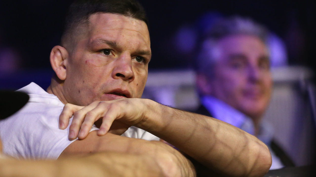 NEW YORK, NY - DECEMBER 31: Nate Diaz in the corner of Jake Shields (not shown) during Shields' World Series of Fighting welterweight championship fight against Jon Fitch at The Theater at Madison Square Garden on December 31, 2016 in New York City.